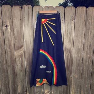 Vintage 70s Denim Skirt/Embroidered Full long